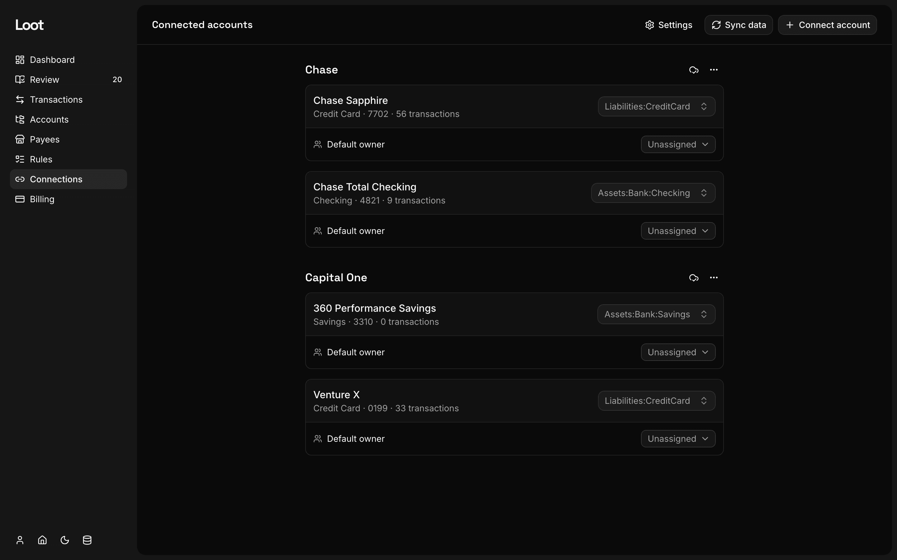 Loot's connections screen: linked banks and cards mapped to accounts.