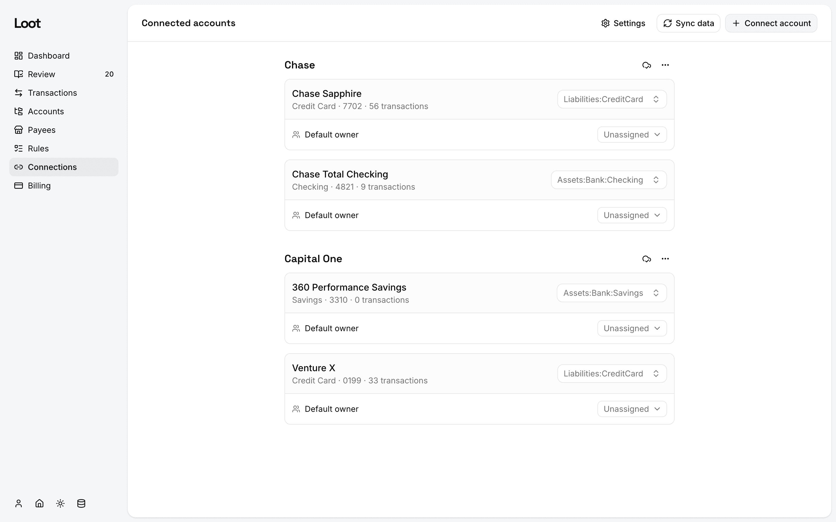 Loot's connections screen: linked banks and cards mapped to accounts.